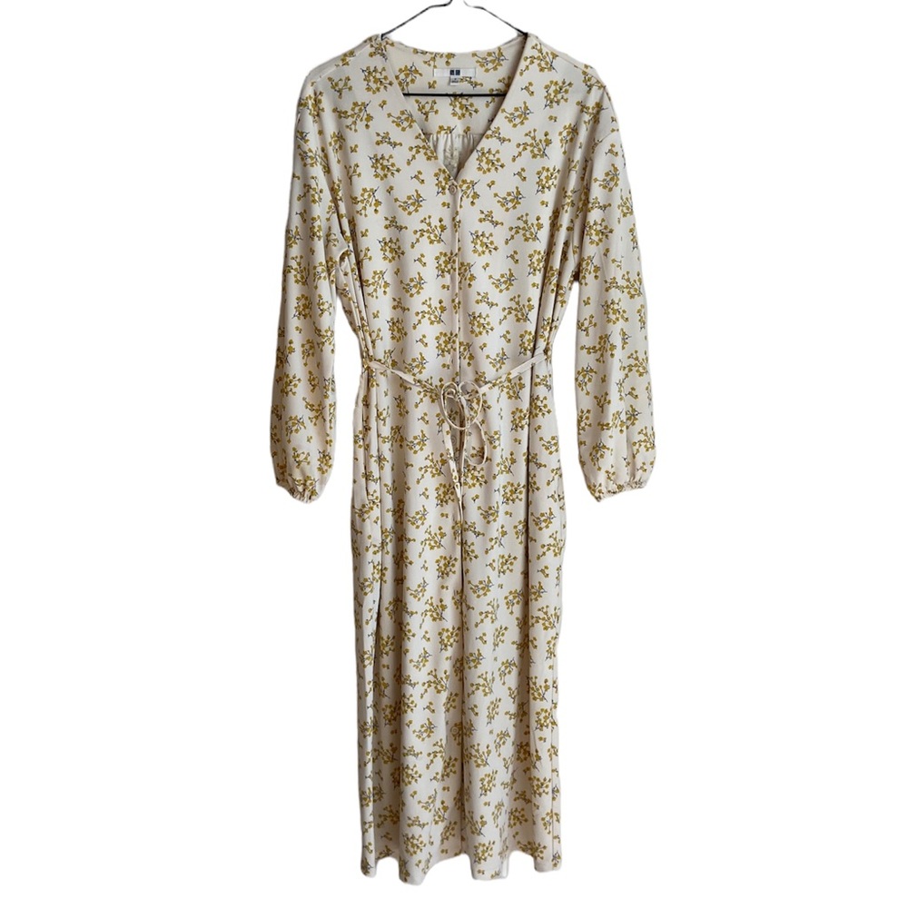 UNIQLO LONG SLEEVE FLORAL FLOWY MAXI DRESS, V-NECK, BELT DETAILING, SIZE SMALL